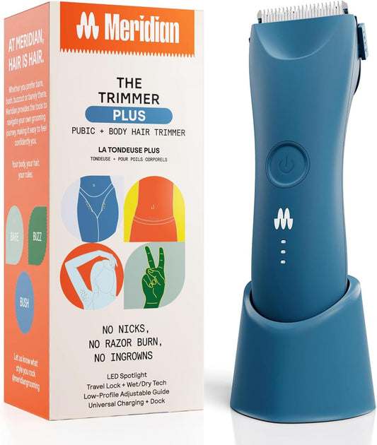 MERIDIAN Trimmer Plus Liggaamshaar-manskapingskeerder, Verstelbare Beskermer, USB C-laai, Flitslig, Reisvergrendeling, Laaidok, Bikini-skeerder, Mansliggaamshaar-skeerder - Oseaan