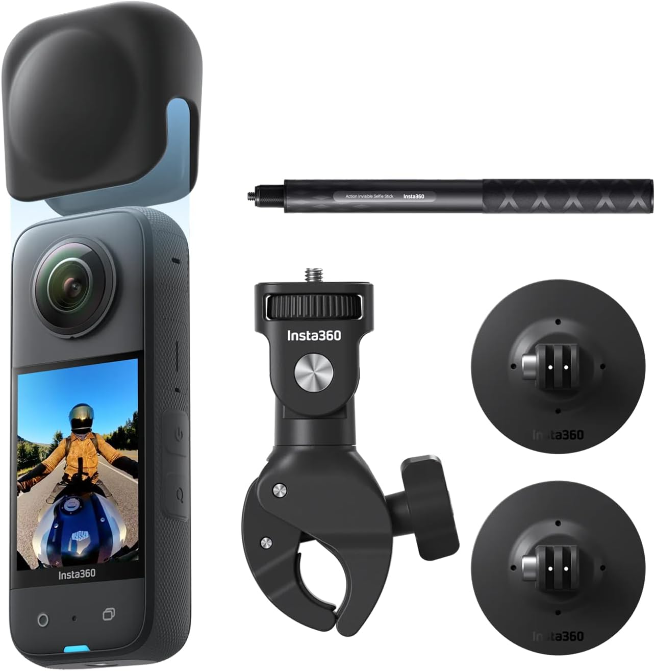 Insta360 X3 Motorcycle Bundle - Waterproof 360 Camera with 1/2" 48MP Sensors, 5.7K 360 Active HDR Video, 72MP 360 Photo, 4K Single-Lens, 60fps Me Mode, Stabilization