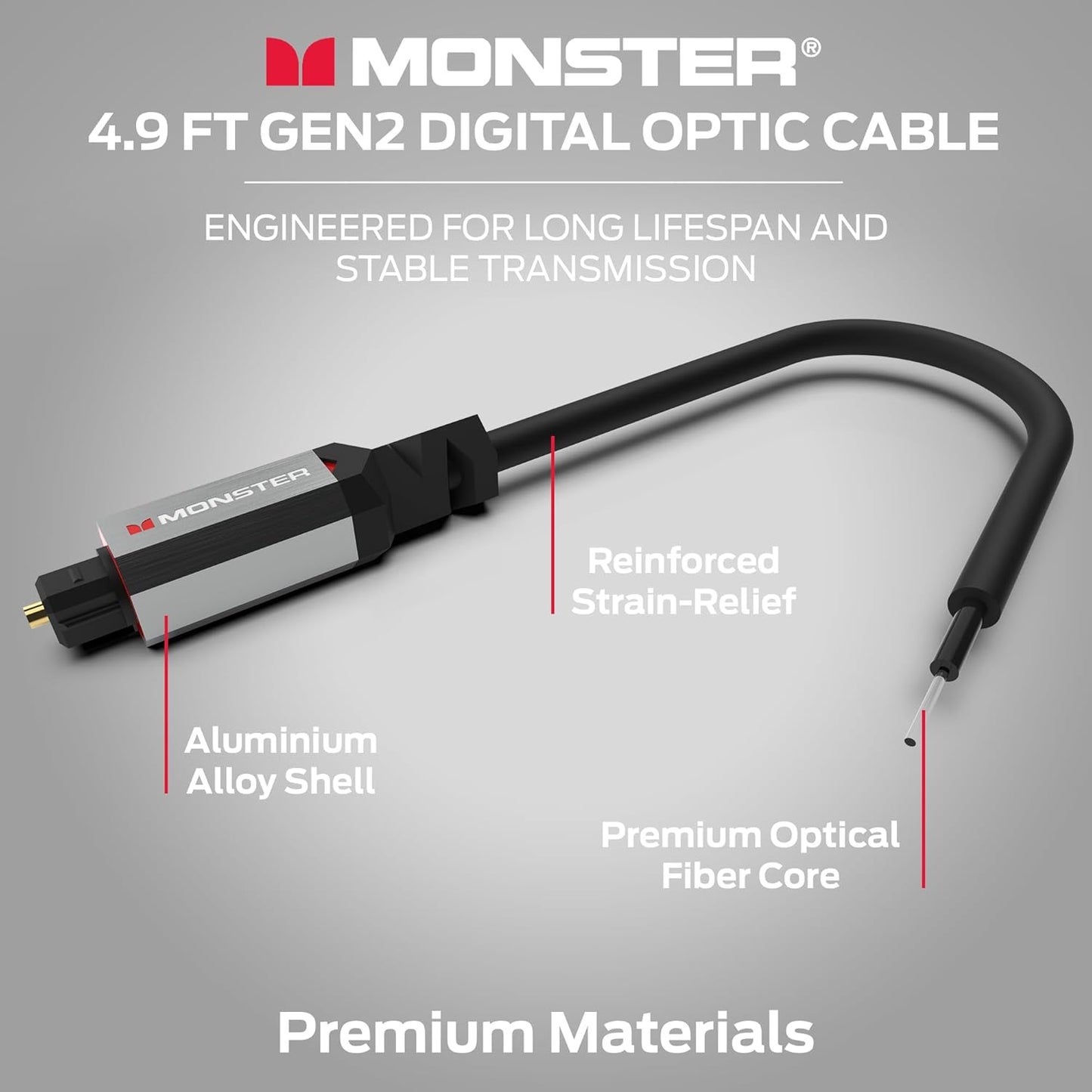 Monster Gen2 Essentials Digitale Optiese Toslink-kabel, Klankbalk Optiese Oudiokabel met Goue Konnekteerders, 4.9vt