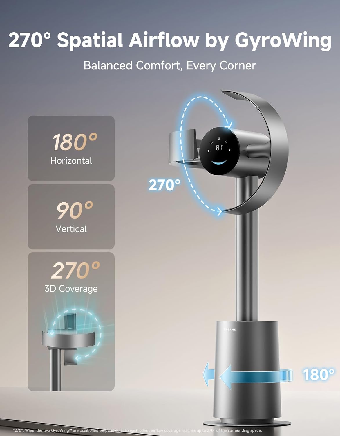 Bladeless Tower Fan MF10 for Bedroom with 270° Spatial Airflow Smart Standing Fan for Whole-Room Circulation, 59ft/s High Velocity, 10 Speeds 3 Modes, Temperature-Adaptive Airflow, Silver