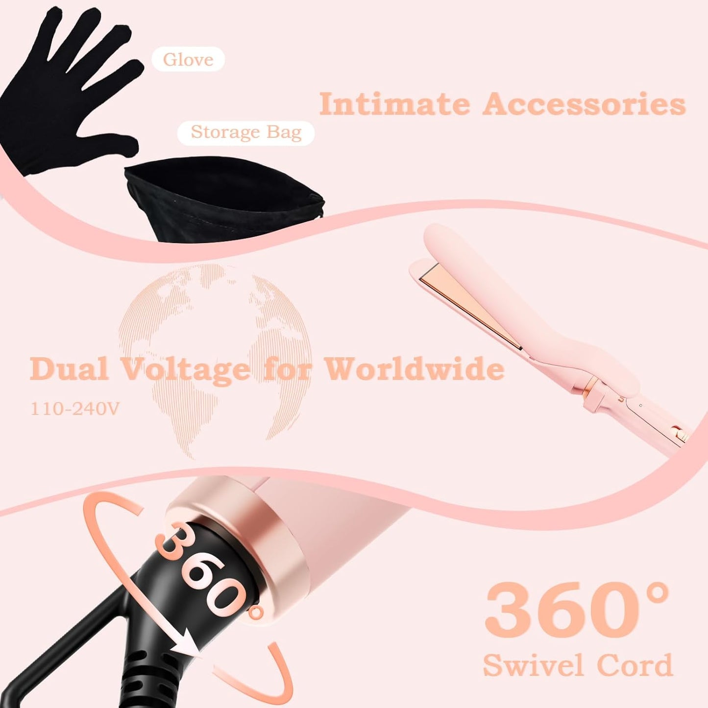 5 in 1 Curling Iron with Ceramic Barrels (0.35"-1.25"), Curling Wand Set with Flat Iron Hair Straightener, Instant Heat Up, Dual Voltage Hair Curler, Gifts for Women, Pink