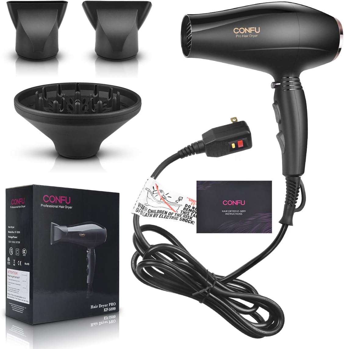 Ioniese Haardroër met Diffuser, CONFU Professionele Salon Haardroër met WS Motor, 2 Konsentreerder Spuitstuk Aanhegsels en ALCI Veiligheidsproppie, vir Vroue en Mans en Tuis Salon
