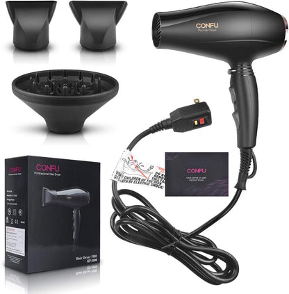Ioniese Haardroër met Diffuser, CONFU Professionele Salon Haardroër met WS Motor, 2 Konsentreerder Spuitstuk Aanhegsels en ALCI Veiligheidsproppie, vir Vroue en Mans en Tuis Salon