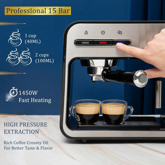 Mixpresso Professionele Espressomasjien vir Tuis 15 Bar met Melkskuimer Stoomstaaf, Espressomasjien met Dubbelkoppie-verdeler, 1450w Vinnig Verhittende Cappuccino & Latte masjien 37Oz Watertenk