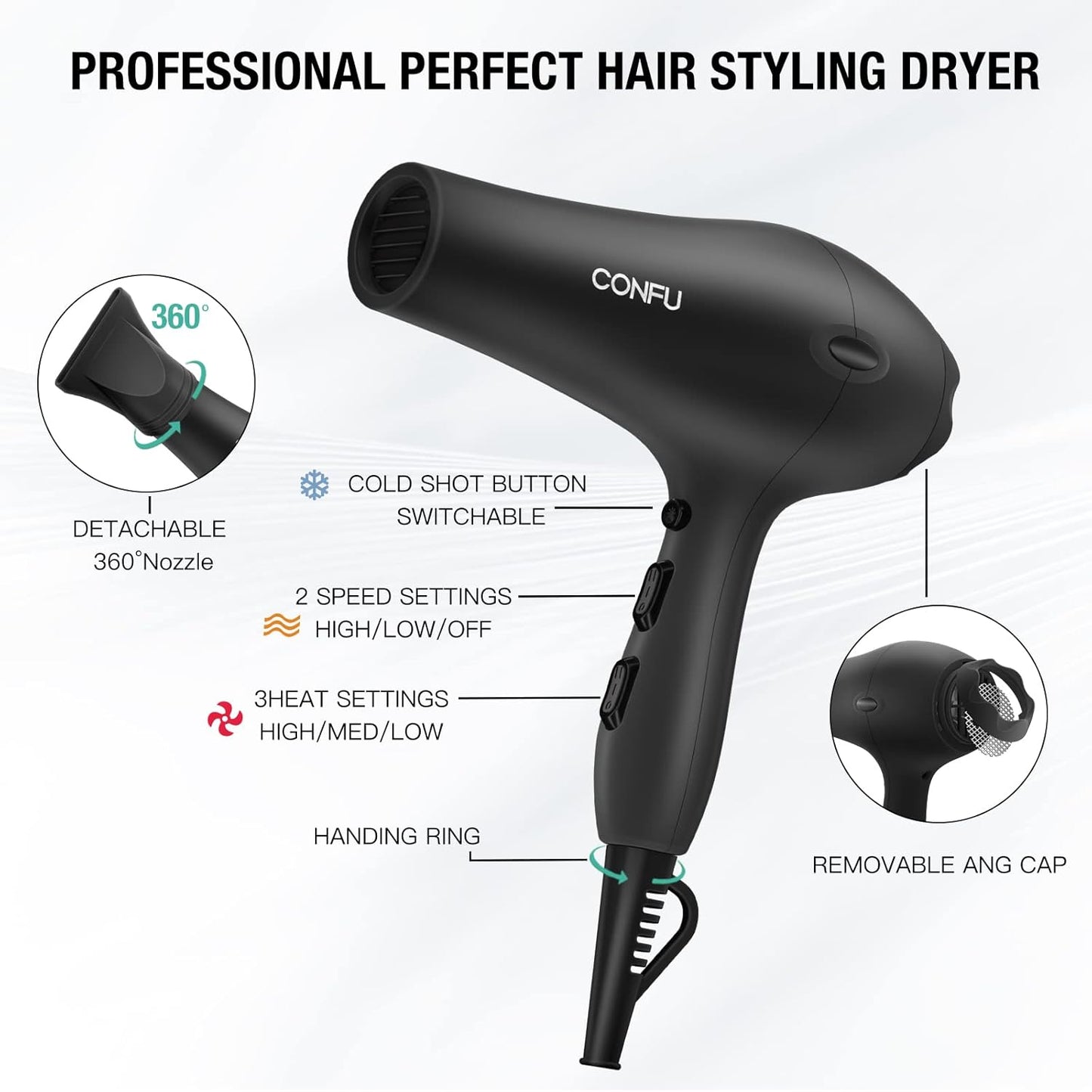 Professionele Salon Haardroër, CONFU Negatiewe Ione Keramiek Vinnigdrogende Blaasdroër, Liggewig Reis Haardroër vir Normale & Krulhare Sluit Diffuser Stilering Spuitstuk In