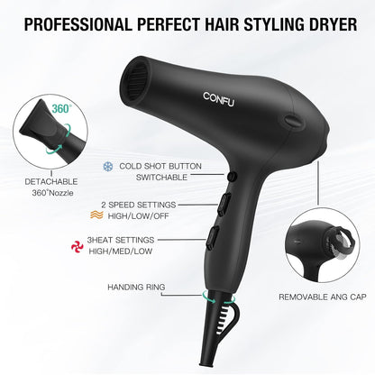 Professionele Salon Haardroër, CONFU Negatiewe Ione Keramiek Vinnigdrogende Blaasdroër, Liggewig Reis Haardroër vir Normale & Krulhare Sluit Diffuser Stilering Spuitstuk In