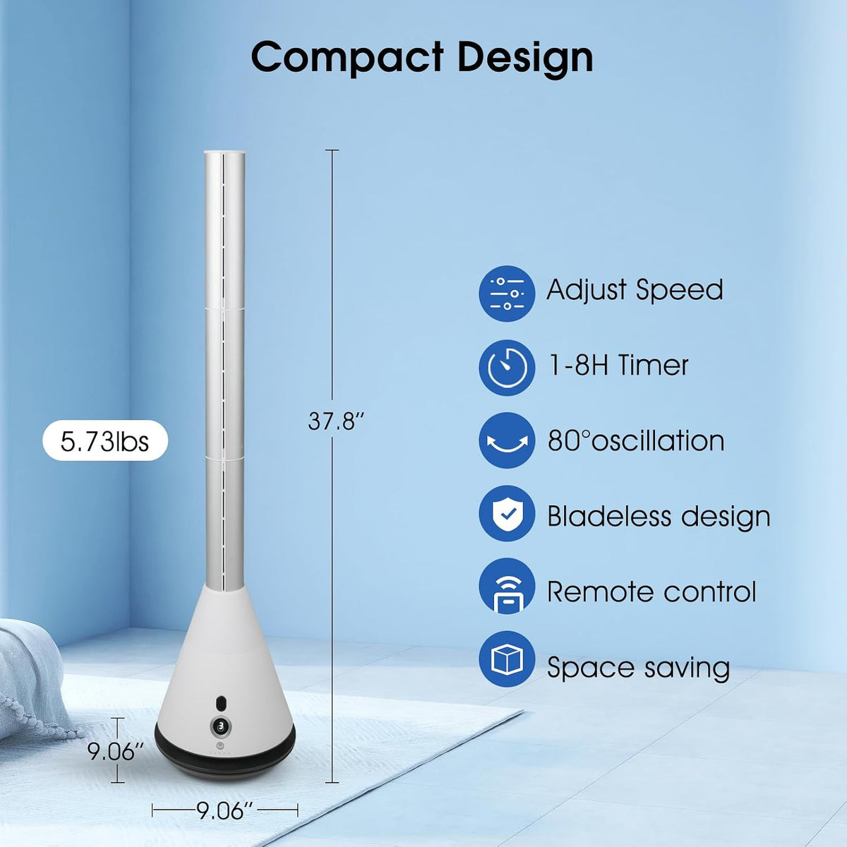 Bladeless Tower Fan w/ Remote 80° Oscillating Air Circulator Fan 9 Speeds 8H Timer Floor Fan