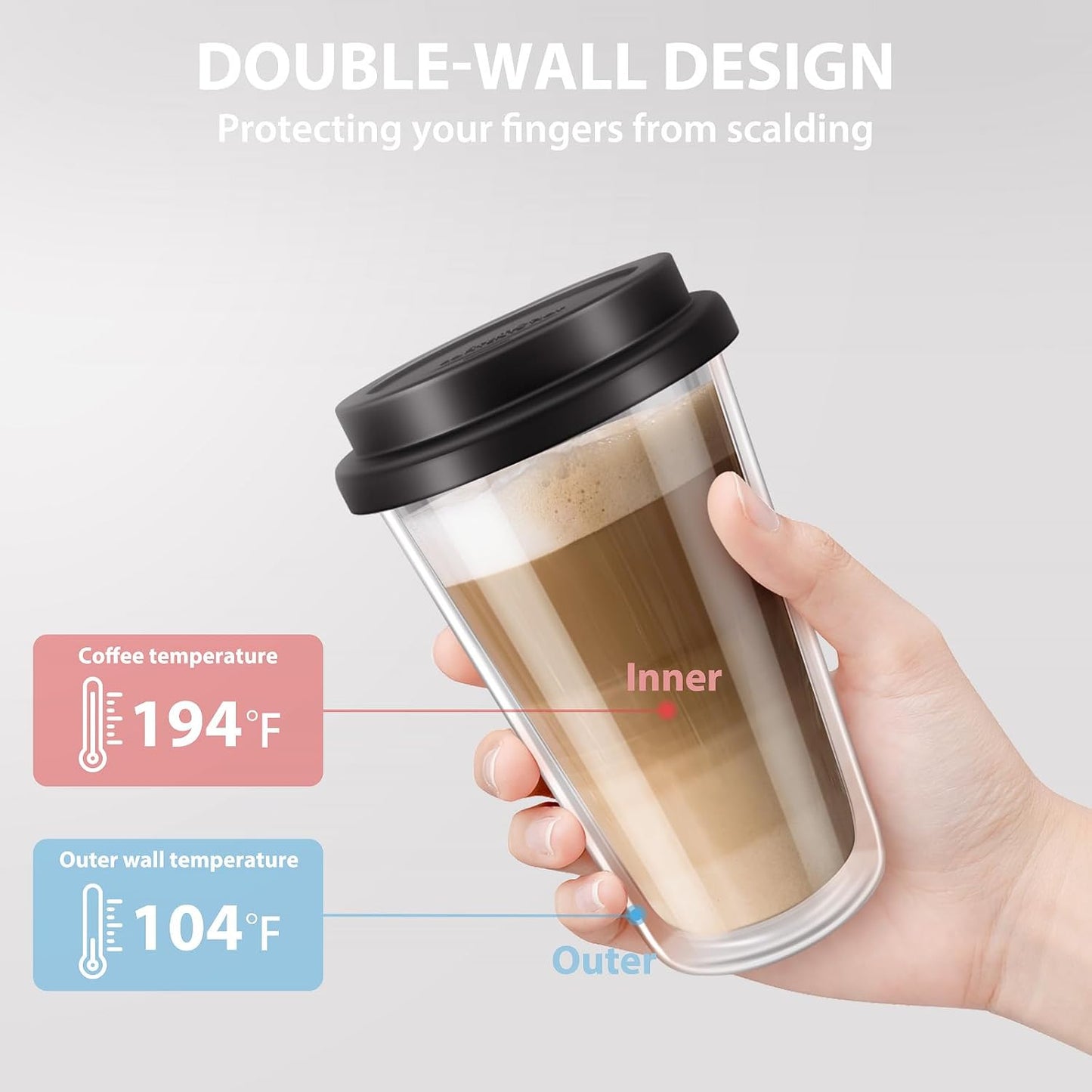 Dubbelwandige Glaskoffiebekers met Silikoondeksels, 12 OZ 2 Pakke Geïsoleerde Drinkkoffiekoppies met Deksel, Skottelgoedwasser-veilige Herbruikbare Glas Yskoffiekoppies vir Oggendkoffie, Warm of Koue Drank