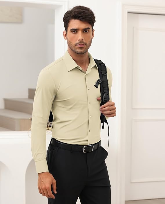 Mans Langmou Slim Fit, Spiervas, Kreukelvry, Knoop-af Rekbaar
