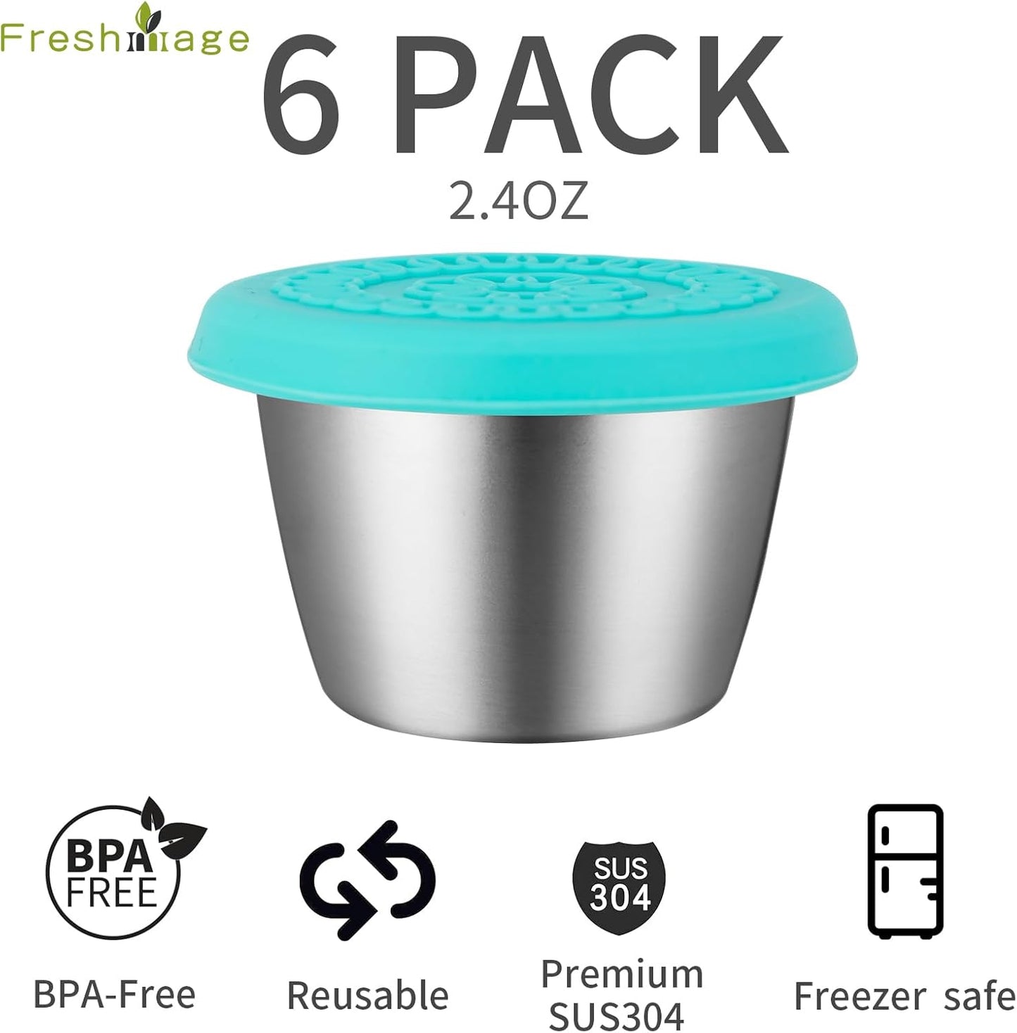Freshmage [6 Pak 2.4oz] Roesvrye Staal Dressingshouer met Silikoondeksels, Herbruikbare Lekvrye Kondimenthouers Klein Soushouerstelle
