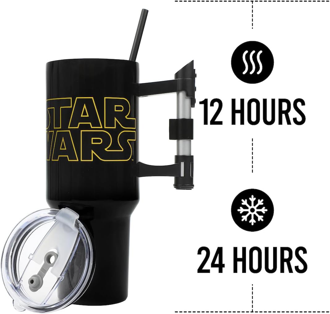 Insulated Stainless Steel Tumbler w/ Reusable Straw & Leak-Proof Lid Easy Carry Handle 40oz (Black)