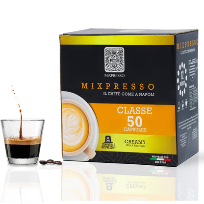 Mixpresso Classe Koffie-Espresso Kapsules Versoenbaar Met Nespresso Oorspronklike Brouers, Enkelkoppie Koffiepeule 100% uit Italië, Medium Gebraaide 80% Arabica Espresso, 50 Tellings Koffiekapsule Intensiteit 8/12
