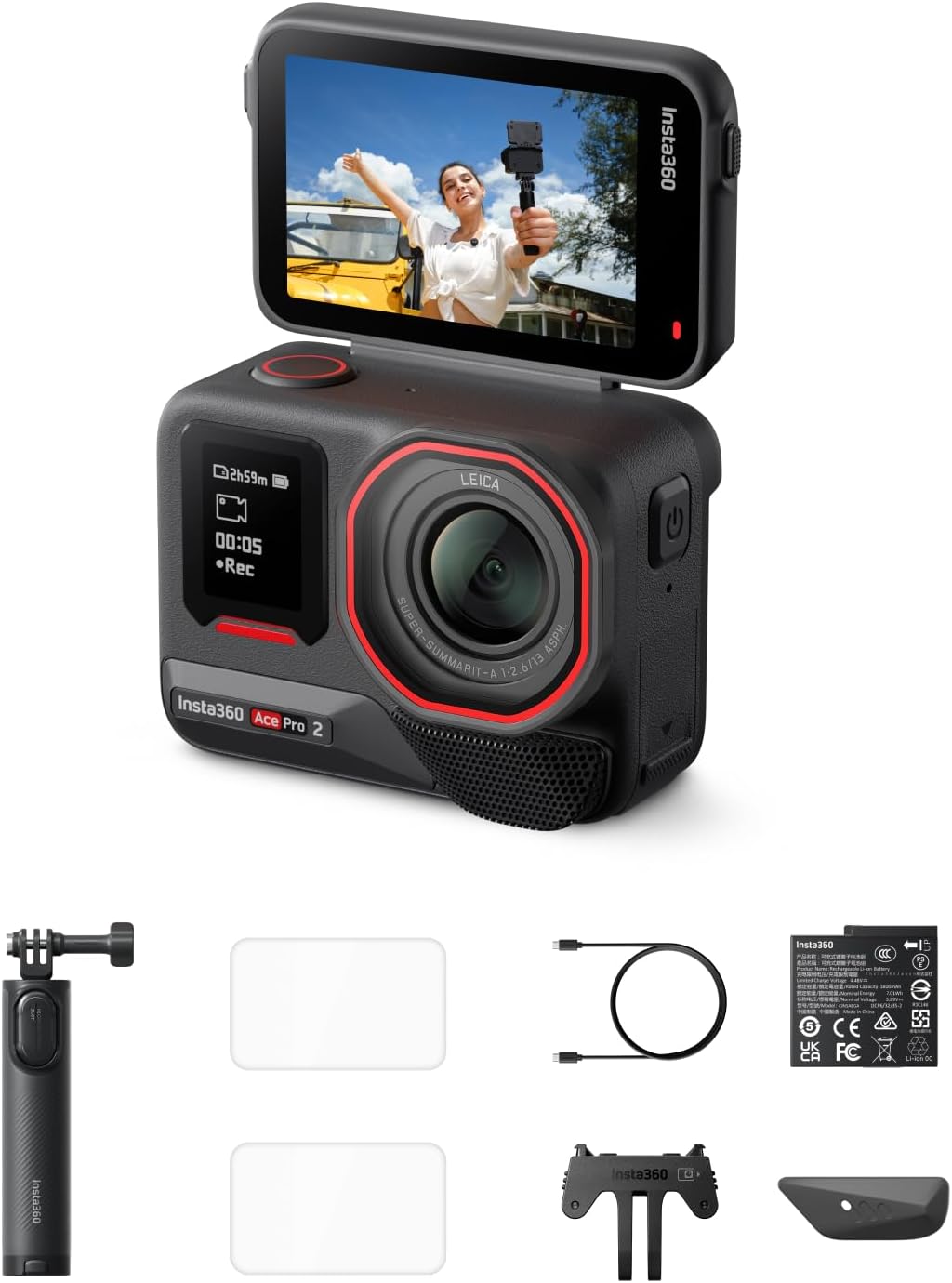 Insta360 Ace Pro 2 Starter Bundle - 8K Waterproof Action Camera Co-Engineered with Leica, 1/1.3" Sensor, Dual AI Chips, Superior Low-Light, 2.5" Flip Screen for Vlogging, Travel & Sports