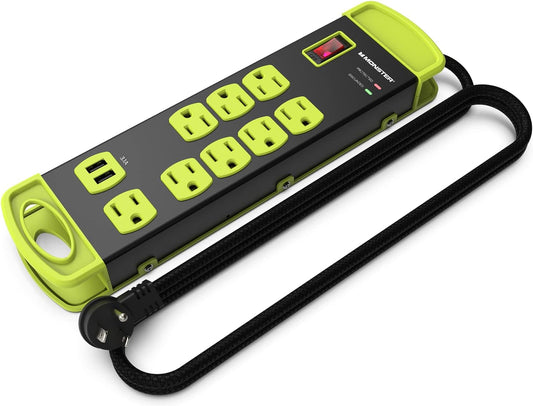 Monster Workshop Swaardiens Motorhuis Kragstrook Oorspanningsbeskermer - Monteerbare Swaardiens Wydgespasieerde 8 Geaarde WS- & 2 USB-A-afsetpunte met 14vt Hoekige Platprop - 1200 Joule - ETL Gelys Swart