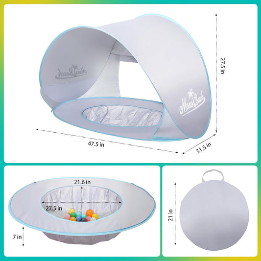 Monobeach Baba-strandtent Opspring Draagbare Skaduwee Swembad UPF50+ UV-beskerming Sonskuiling vir Baba met Maklike Opstel Afdak (Silwer Strantent)