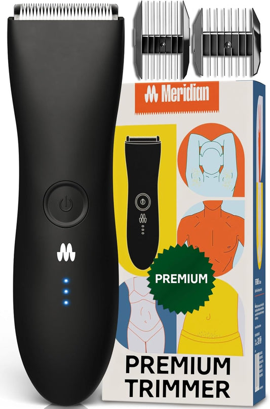 MERIDIAN The Trimmer Premium - Liggaamshaartrimmer en Elektriese Skeermes vir Mans en Vroue vir Skaamhare, Bors, Bene en Bikynilyn, Waterdig en Herlaaibaar, Onyx
