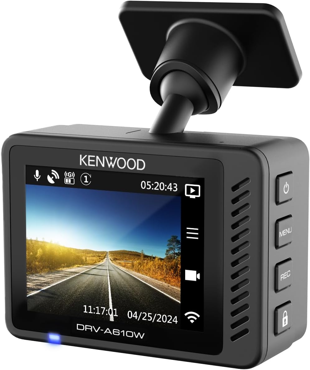 KENWOOD DRV-A510WDP Dash Cam Voorkant en Agterkant met GPS, Vol-HD Dash-kamera vir Motors, Vragmotors en RV's, Bluetooth- en WiFi-ondersteuning, Lusopname, G-sensor, Bewegingsbespeuring