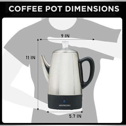 Mixpresso 10 Koppie Perkolatorkoffiepot Elektries, Vlekvrye Staal Koffieperkolator Elektries Met Warmhoufunksie, Klassieke Perkolatorpot Met Verwyderbare Mandjie Vir Huis of Kantoor