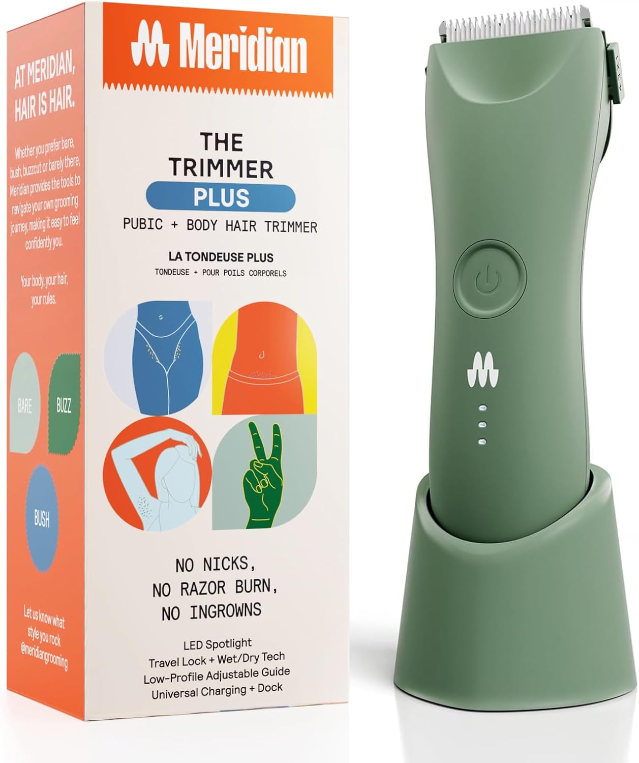 MERIDIAN Trimmer Plus Body Hair, Adjustable Guard, USB C Charging, Flash Light, Travel Lock, Charging Dock, Bikini Trimmer - Sage