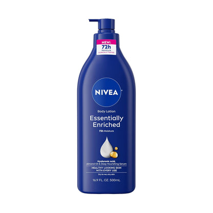 NIVEA Essentially Enriched Body Lotion for Very Dry Skin with Hyaluronic Acid, Almond Oil and Deep Nourishing Serum, 72-Hour Body Moisturizer, 16.9 Fl Oz Pump Bottle - 3pk