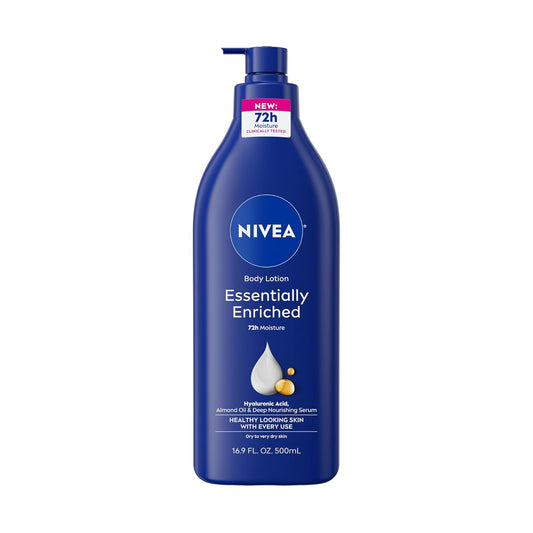 NIVEA Essentially Enriched Lyfroom vir Baie Droë Vel met Hialuroonsuur, Amandelolie en Diep Voedende Serum, 72-Uur Lyfbevogtiger, 16.9 Fl Oz Pompbottel - 3pk