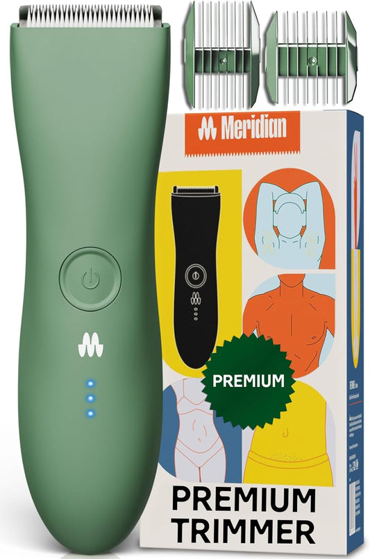 MERIDIAN The Trimmer Premium - Liggaamshaarsnyer & Elektriese Skeermes vir Mans en Vroue vir Skaamhare, Bors, Bene & Bikinisone, Waterdig en Herlaaibaar, Salie