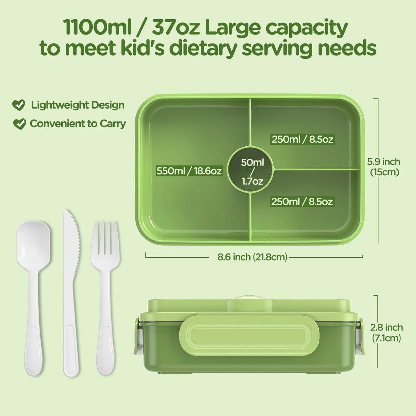Large Bento-Style Leakproof w/ 4 Compartments Food Storage w/ Tableware Reusable On-the-Go Meal - Green