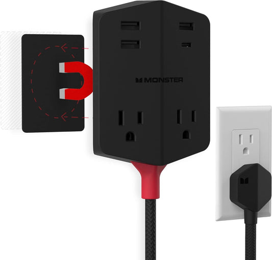 Monster Power Shield: Magnetiese Muursokverlenger, Meervoudige Prop-sok met 2 WS-sokke, 3 USB-A-poorte en 1 USB-C-poort (20W)