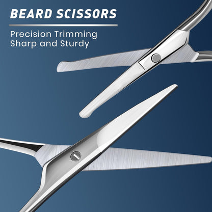 OLOV Professional Beard & Mustache Scissors - Beard Trimming Scissors Set with Boar Bristle Beard Brush with Wood Handle, Carrying Pouch for Men, 4 Pieces Moustache Comb Beard Grooming Scissors Kit