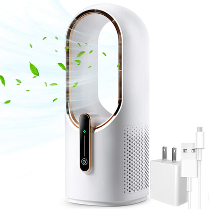 Desk Fan Bladeless, 11.8 Inch Office Fan Small, Quiet, 3 Speed Adjustment, Touch Control, Easy to Clean, Desk Fans Small Quiet, Ideal for Office, Living Room, Bedroom  - White/Gold