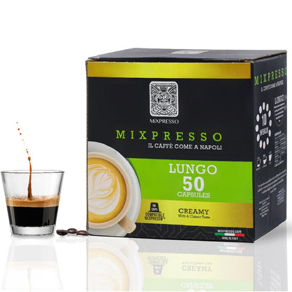 Mixpresso Lungo Koffie Espresso Kapsules Versoenbaar Met Nespresso Oorspronklike Brouers, Enkel Koppie Koffie Peule 100% Vanuit Italië, Donker R&ooml;sting 80% Arabica Espresso, 50 Tellings Koffie Kapsule Intensiteit 10/12
