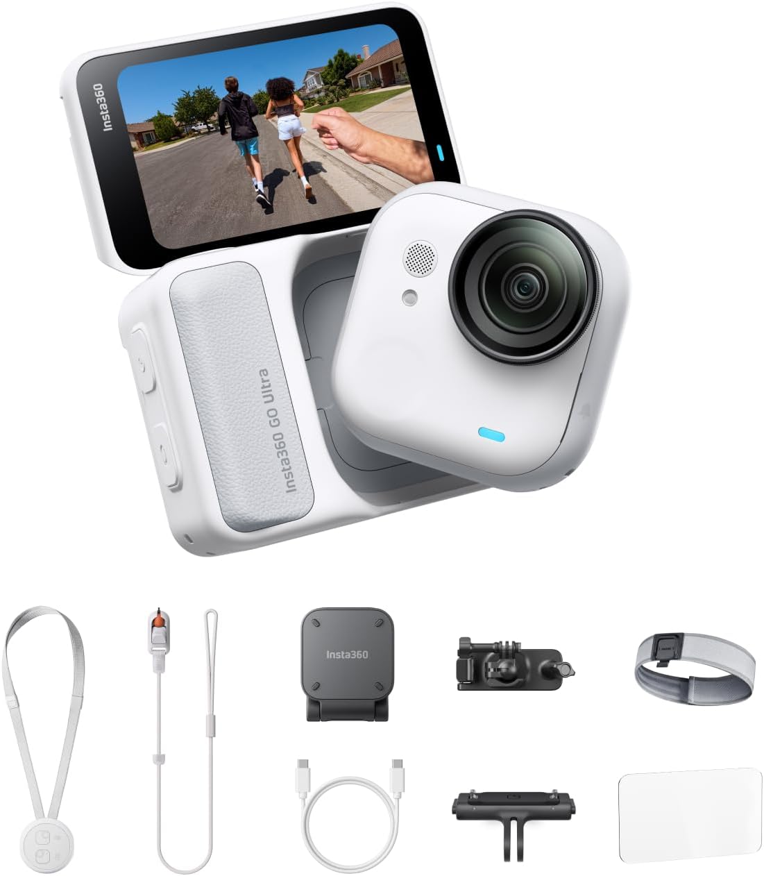 Insta360 GO Ultra Running Bundle - Small 4K Vlogging Camera, Hands-Free, POV Cam, 1/1.28" Sensor, 53g Lightweight, 156° FOV, 200 Min Battery Life, Magnetic Wearable Action Camera for Sports, Vlog