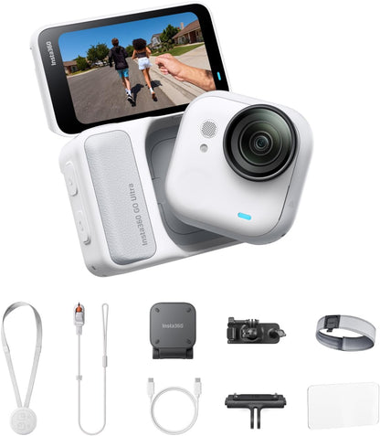 Insta360 GO Ultra Running Bundle - Small 4K Vlogging Camera, Hands-Free, POV Cam, 1/1.28" Sensor, 53g Lightweight, 156° FOV, 200 Min Battery Life, Magnetic Wearable Action Camera for Sports, Vlog