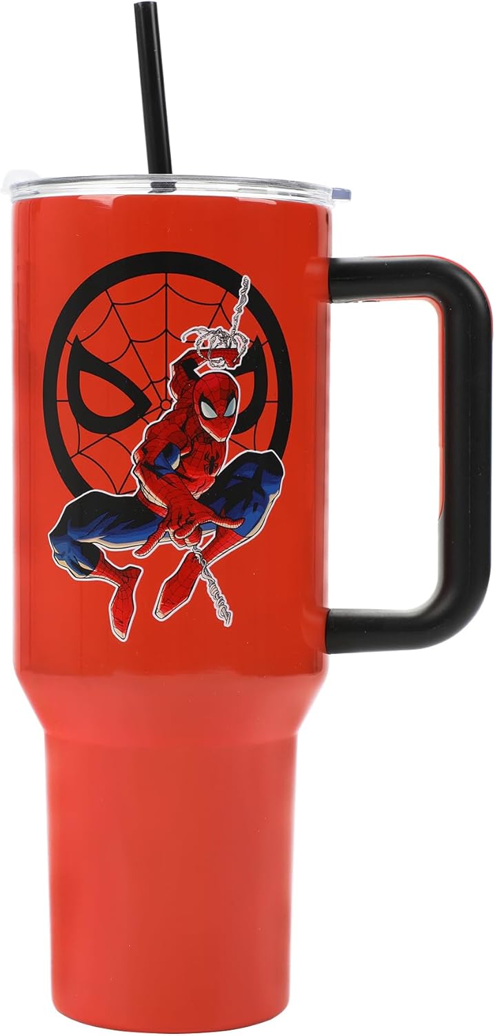Insulated Stainless Steel Tumbler w/ Reusable Straw & Leak-Proof Lid Easy Carry Handle 40oz (Spiderman)