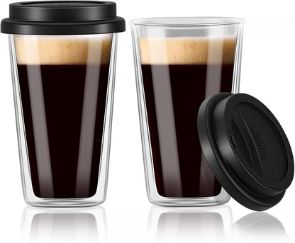 Dubbelwandige Glaskoffiebekers met Silikoondeksels, 12 OZ 2 Pakke Geïsoleerde Drinkkoffiekoppies met Deksel, Skottelgoedwasser-veilige Herbruikbare Glas Yskoffiekoppies vir Oggendkoffie, Warm of Koue Drank