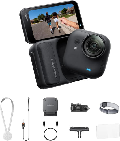 Insta360 GO Ultra Running Bundle - Small 4K Vlogging Camera, Hands-Free, POV Cam, 1/1.28" Sensor, 53g Lightweight, 156° FOV, 200 Min Battery Life, Magnetic Wearable Action Camera for Sports, Vlog