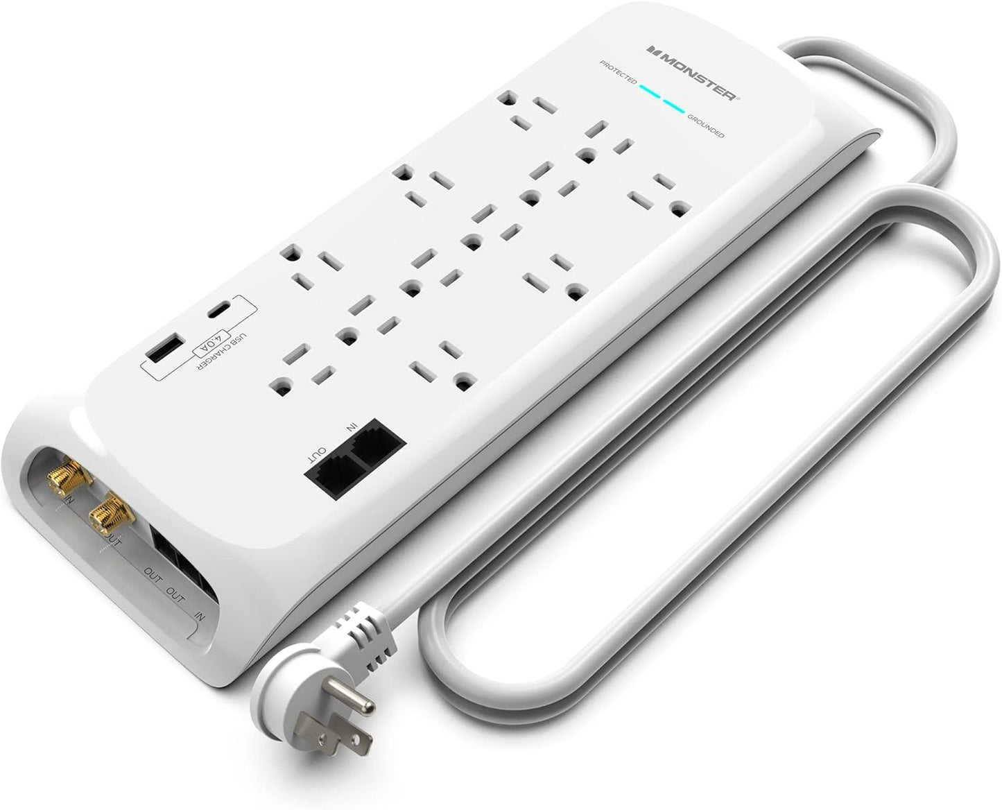 Monster 6ft White Power Strip and Tower Surge Protector, Heavy Duty Protection with 4050 Joule Rating, 12 120V-Outlets, 1 USB-A, and 1 USB-C Ports - Ideal for Computers, Home Theatre, Home Appliances