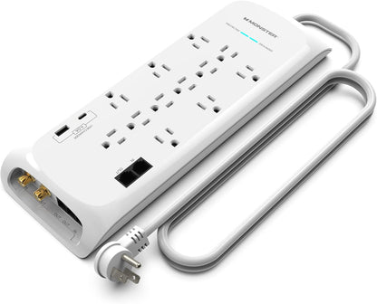 Monster 6ft White Power Strip and Tower Surge Protector, Heavy Duty Protection with 4050 Joule Rating, 12 120V-Outlets, 1 USB-A, and 1 USB-C Ports - Ideal for Computers, Home Theatre, Home Appliances