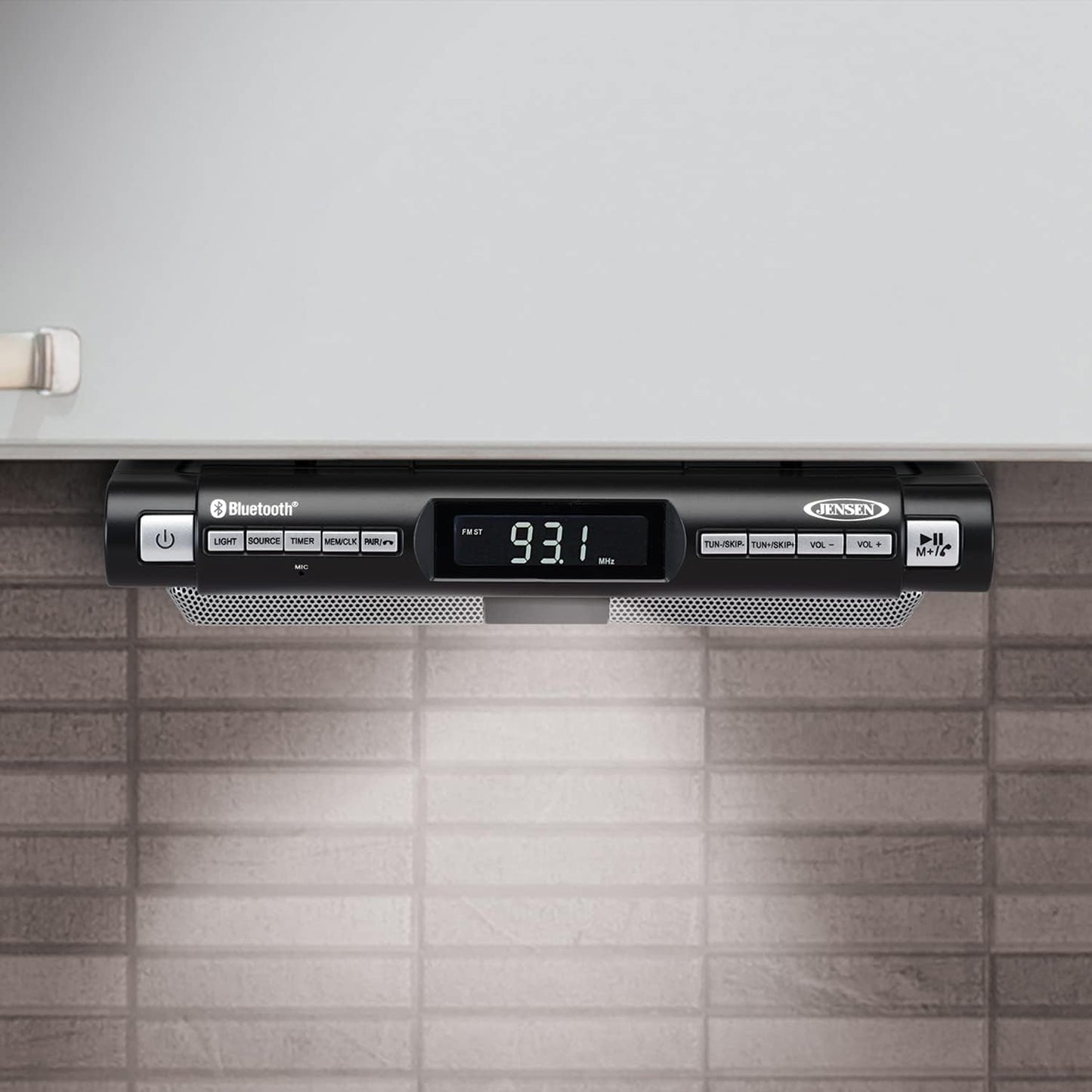 Modern Wireless Under Cabinet Kitchen Universal Bluetooth Music System, FM Radio, Clock LCD Digital Display , Built-in Hands-free Mic & Speakers (Includes Mounting Hardware)