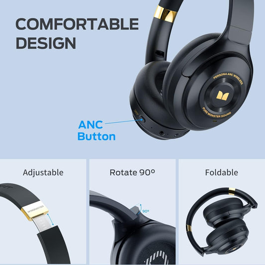 Monster Persona Noise Cancelling Headphones Wireless, Bluetooth-oorfone Oor Die Oor, Koordlose Oorfone Hi-Fi Klank Diep Bas, Vinnige Laai 30H Speeltyd, Traagskuim-oorkoppies, vir Reis, Tuis of Kantoor