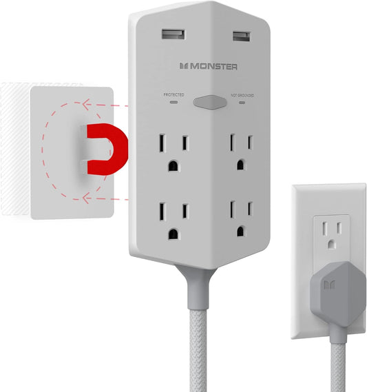 Monster Power Shield XL Spanningbeskermer met Uitbreidingsprop, Veelvuldige Propuitlaat met 4 WS-uitlate en 2 USB-A-poorte, Betroubare Muurprop met USB-poorte