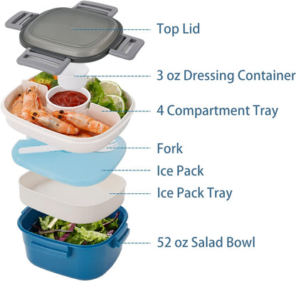 Freshmage Slaaikoppieshouer vir Middagete met Yspak, Lekvrye BPA-vry 52-oz met 4 Kompartemente, Slaai Middagetehouer vir Mans, Vroue (Blou+Yspak)