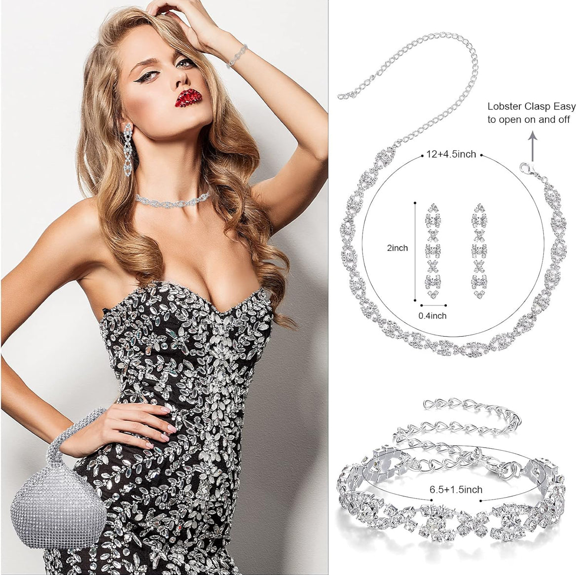 Elegante 4-stuk Rhinestone-ketting, Kraagarmband, Oorbelle, Koppelsakkie Juwelierswarestel Vroue Kristal Driehoek Bling Diamant Handsak Rhinestone-handsak vir Troupartytjie