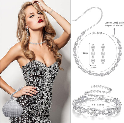 Elegante 4-stuk Rhinestone-ketting, Kraagarmband, Oorbelle, Koppelsakkie Juwelierswarestel Vroue Kristal Driehoek Bling Diamant Handsak Rhinestone-handsak vir Troupartytjie
