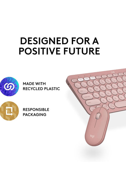 Logitech Pebble 2 Combo, Draadlose Sleutelbord en Muis, Stil en Draagbaar, Aanpasbaar, Logi Bolt, Bluetooth, Maklike Skakeling vir Windows, macOS, iPadOS, Chrome - Tonal Rose