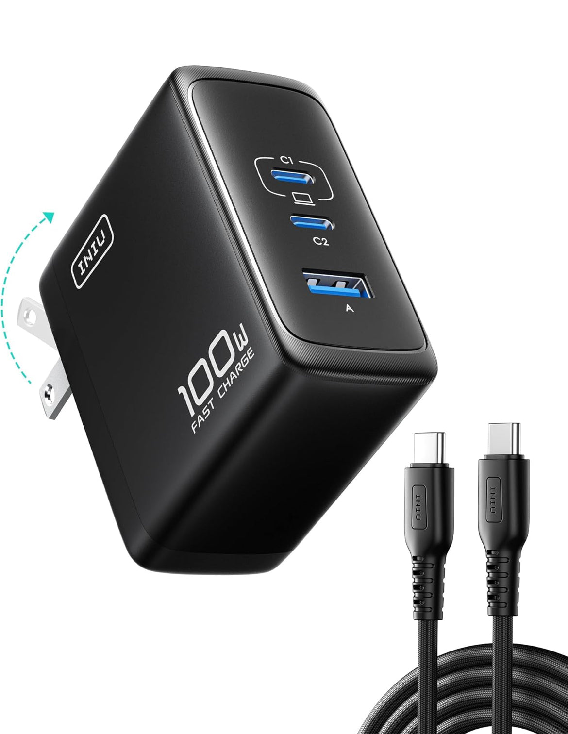 INIU USB C Charger Block, 3-Port 100W PD Fast Charging, MacBook Charger with USB C Cable and Foldable Plug, GaN Tech, for MacBook Pro/Air, Laptop, iPhone 16, Samsung S25, iPad, Multiple Devices etc