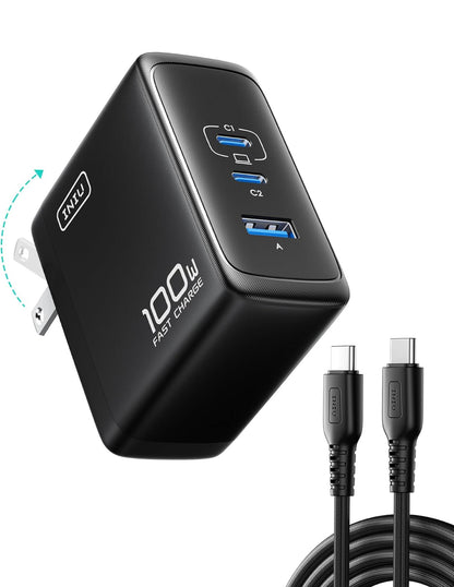 INIU USB C Charger Block, 3-Port 100W PD Fast Charging, MacBook Charger with USB C Cable and Foldable Plug, GaN Tech, for MacBook Pro/Air, Laptop, iPhone 16, Samsung S25, iPad, Multiple Devices etc