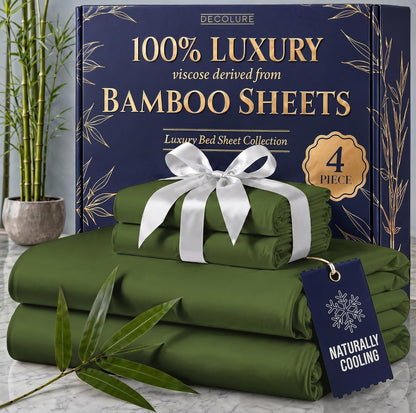 DECOLURE 100% Viscose Derived from Bamboo Sheets King Size - Luxury 4 Pc Naturally Cooling Sheets, Ultra Soft Bed Set - Deep 17" Pockets, Durable Double Stitching, Oeko Tex Standard (Olive)
