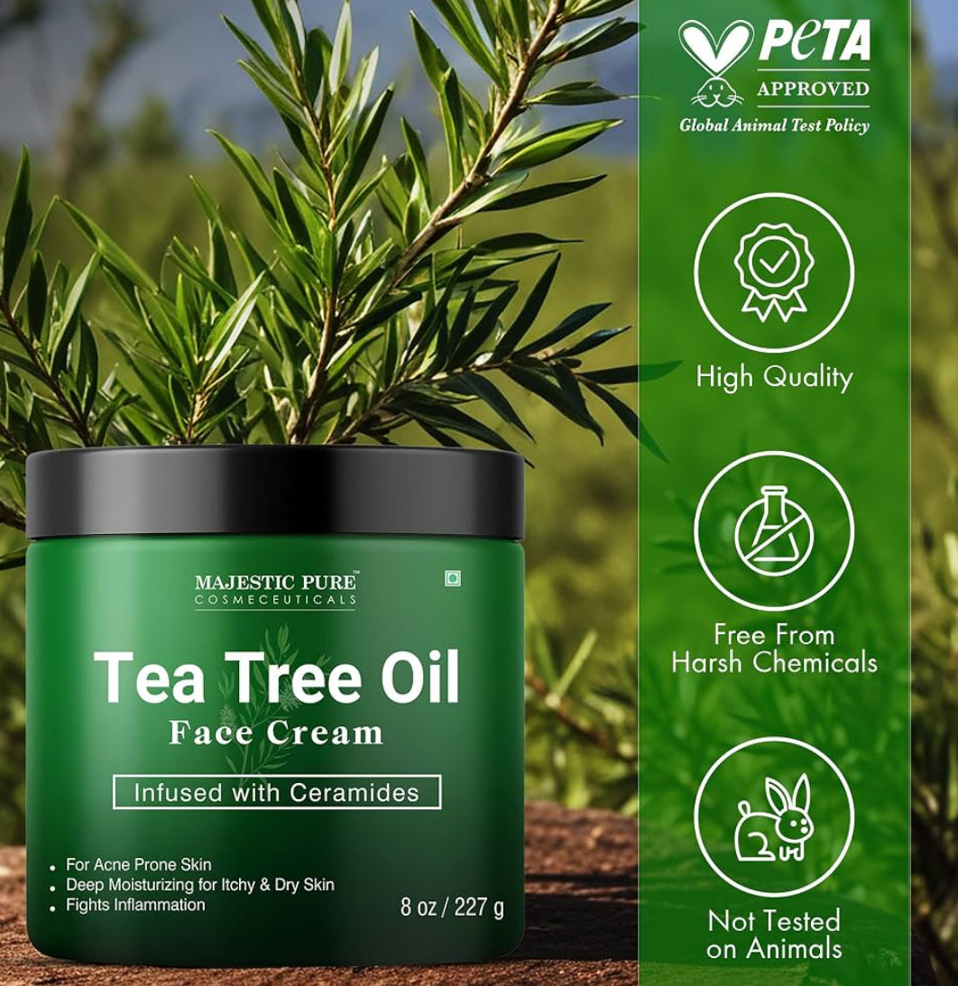 Suiwer Teeboomolie Gesigroom | Room vir Droë & Jeukerige Vel, Aknee, Littekens, Dag- & Nagbevogtiger Gesigroom vir Vroue & Mans - (240 ml)