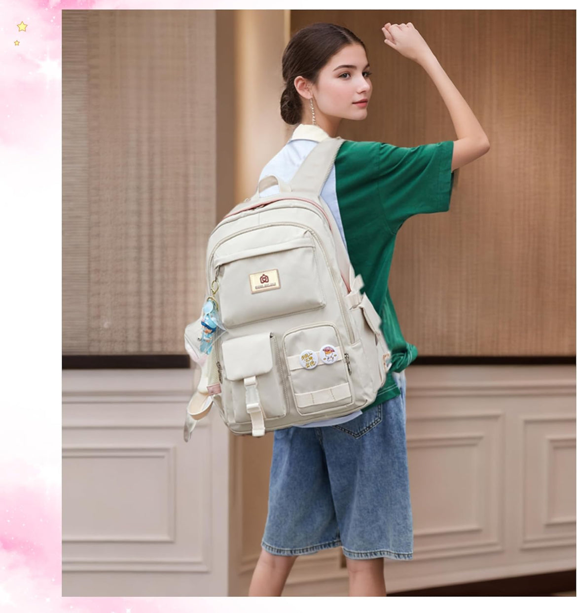 Backpack for Girls Laptop Backpacks 15.6 Inch College Cute Bookbag Anti Theft Primary Elementary School Bag Casual Daypack for Students Teens Girl Women (Beige)